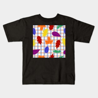 Leaves Pattern - Bold Colors on Plaid Kids T-Shirt